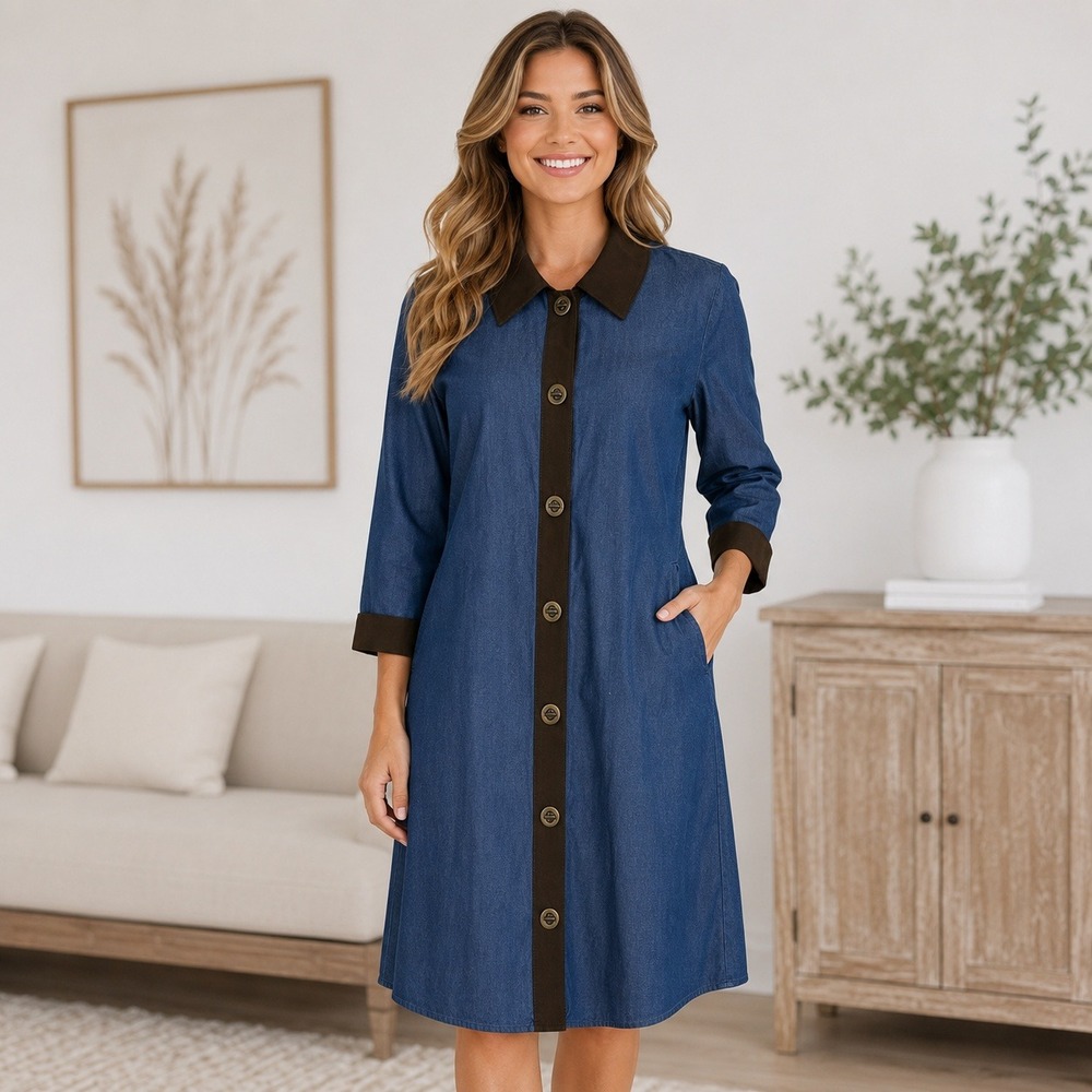 Soft Surroundings Denim Shirt Dress Medium Blue Tencel Suede Trim Casual Western